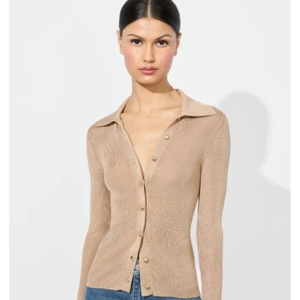 S Alice + Olivia Nealie Ribbed Polo Sweater Women's Beige Long Sleeve NWTs